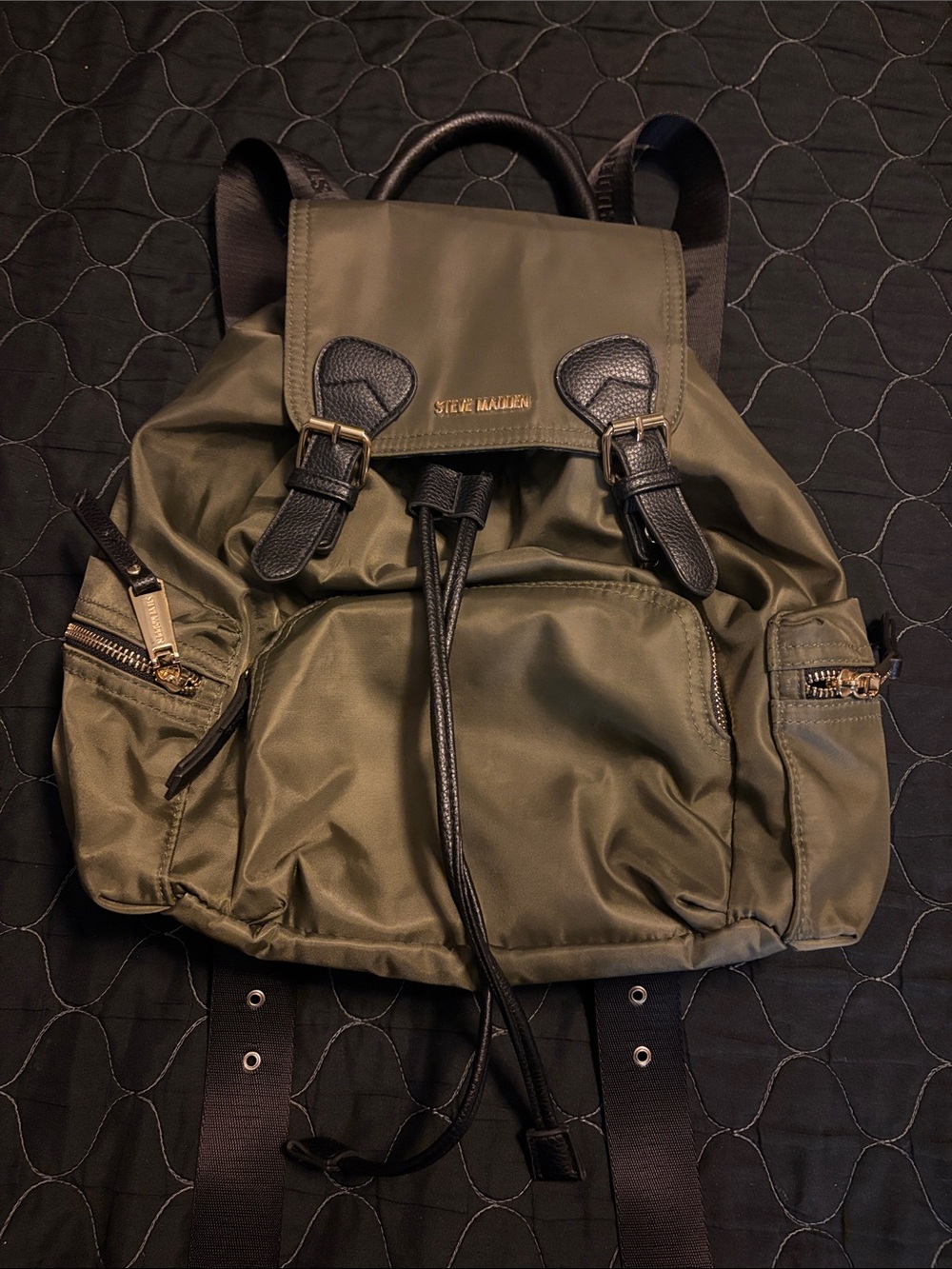 Steve Madden Olive Nylon Backpack with Black Trim and Gold Hardware